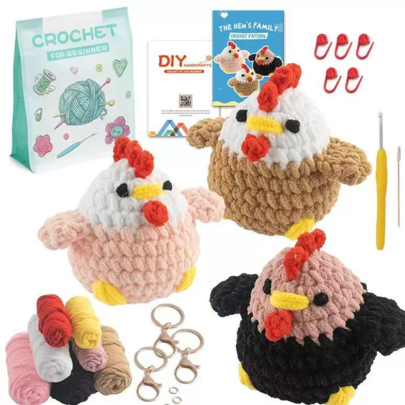 DIY Crochet Chicken Kit for Beginners – Complete Amigurumi Crochet Starter Set with Soft Ice-Cotton Yarn, Hooks & English Tutorial | Cute Handmade Animal Plush Craft Kit