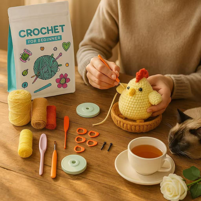 DIY Crochet Fat Chicken Kit for Beginners – Complete Amigurumi Crochet Set with Yarn, Hooks & English Instructions | Cute Handmade Plush Animal Craft Kit