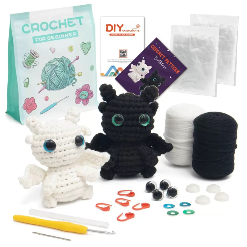 DIY Crochet Toothless Dragon Kit – Black & White Cotton Yarn Crochet Set for Beginners, Handmade Amigurumi Plush Craft Kit