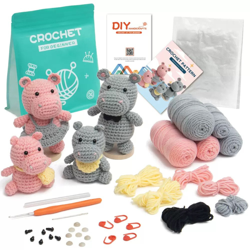 DIY Crochet Hippo Family Kit for Beginners – Complete Amigurumi Crochet Set with Yarn, Hooks & English Instructions | Handmade Animal Plush Craft Kit