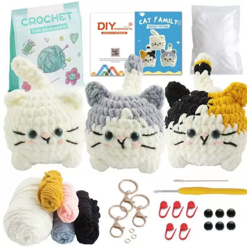 DIY Crochet Cat Kit for Beginners – Complete Crochet Starter Set with Ice-Cotton Yarn, Hooks & English Instructions | Cute Handmade Amigurumi Plush Craft Kit