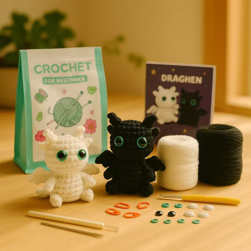 DIY Crochet Toothless Dragon Kit – Black & White Cotton Yarn Crochet Set for Beginners, Handmade Amigurumi Plush Craft Kit