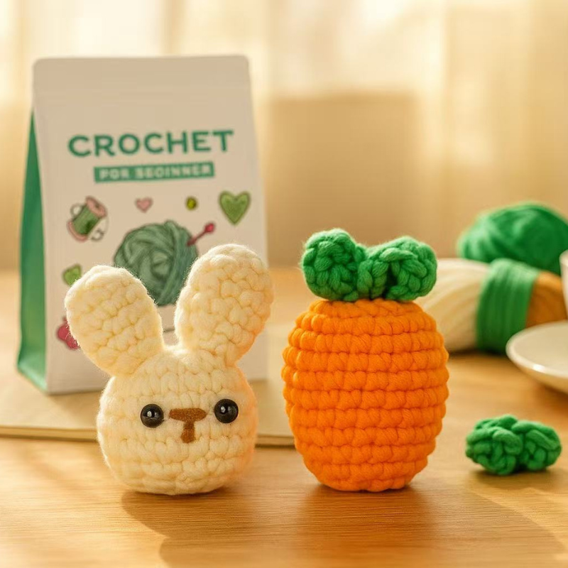 DIY Crochet Bunny & Carrot Kit for Beginners – Complete Amigurumi Crochet Set with Yarn, Hooks & English Instructions | Cute Handmade Animal Plush Craft Kit