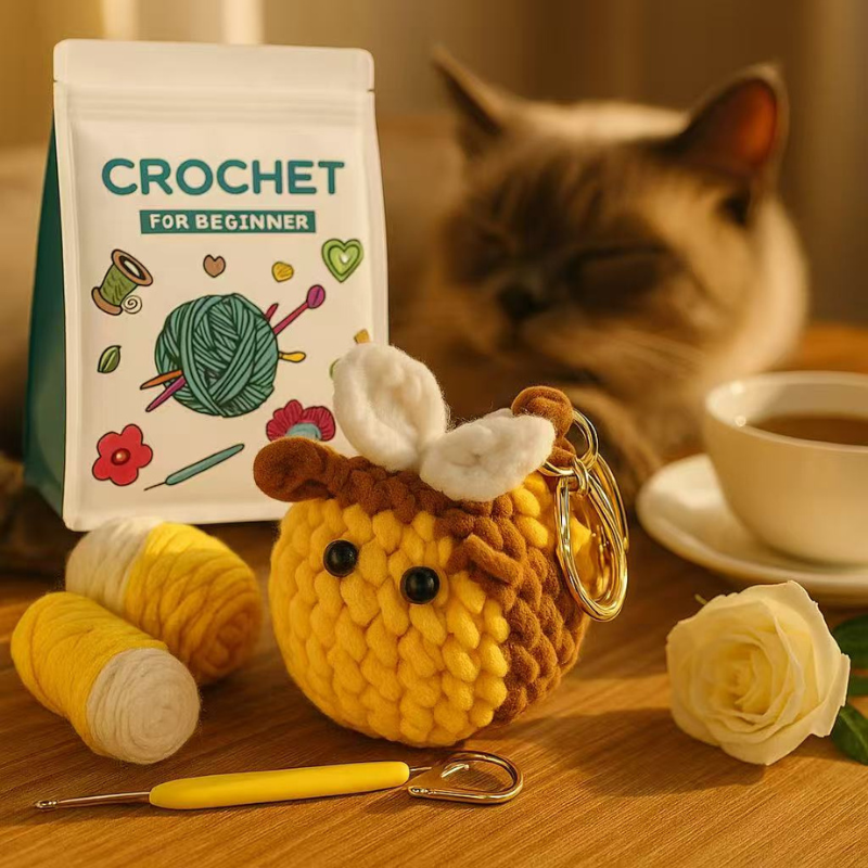 DIY Crochet Bee Kit for Beginners – Complete Amigurumi Crochet Set with Yarn, Hooks & English Tutorial | Cute Handmade Plush Keychain Craft Kit