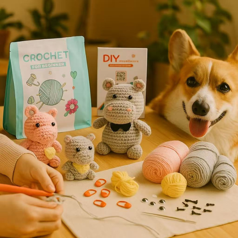 DIY Crochet Hippo Family Kit for Beginners – Complete Amigurumi Crochet Set with Yarn, Hooks & English Instructions | Handmade Animal Plush Craft Kit
