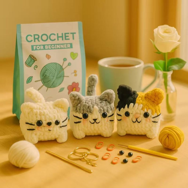 DIY Crochet Cat Kit for Beginners – Complete Crochet Starter Set with Ice-Cotton Yarn, Hooks & English Instructions | Cute Handmade Amigurumi Plush Craft Kit