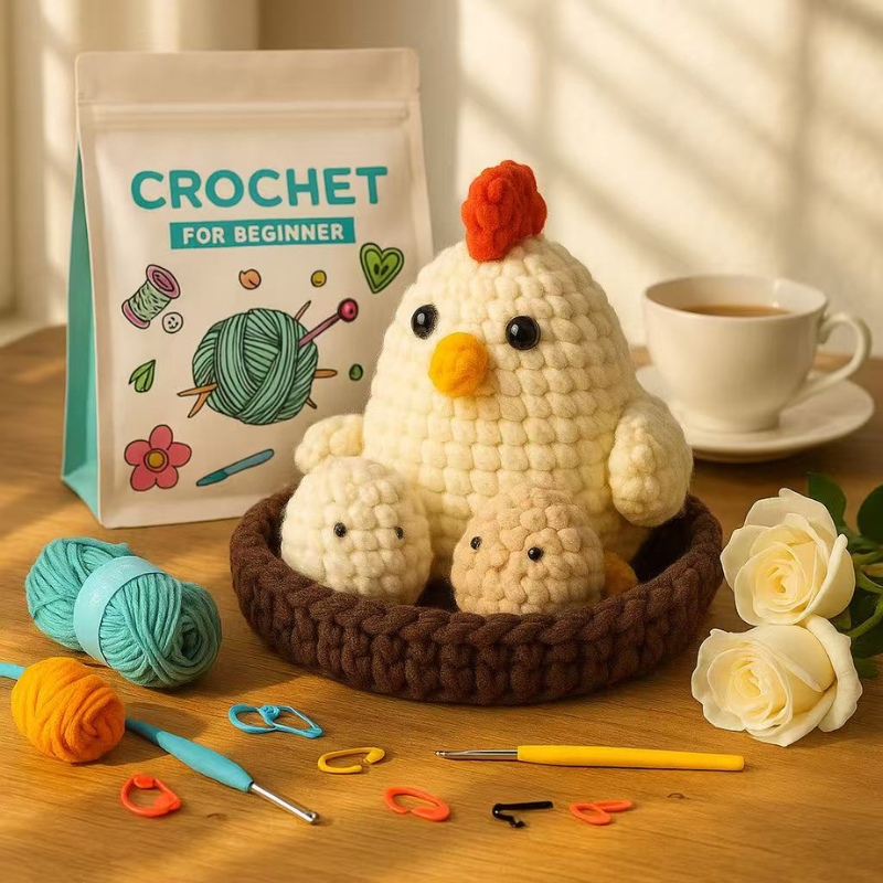 DIY Crochet Chicken Kit for Beginners – Cute Handmade Amigurumi Plush Toy with Yarn & Tools, Relaxing Craft Set Gift Idea