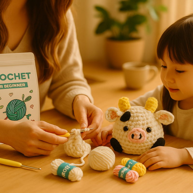 DIY Crochet Cow Kit for Beginners – Cute Amigurumi Animal Crochet Set with Yarn, Hooks & English Instructions | Handmade Plush Keychain Craft Kit
