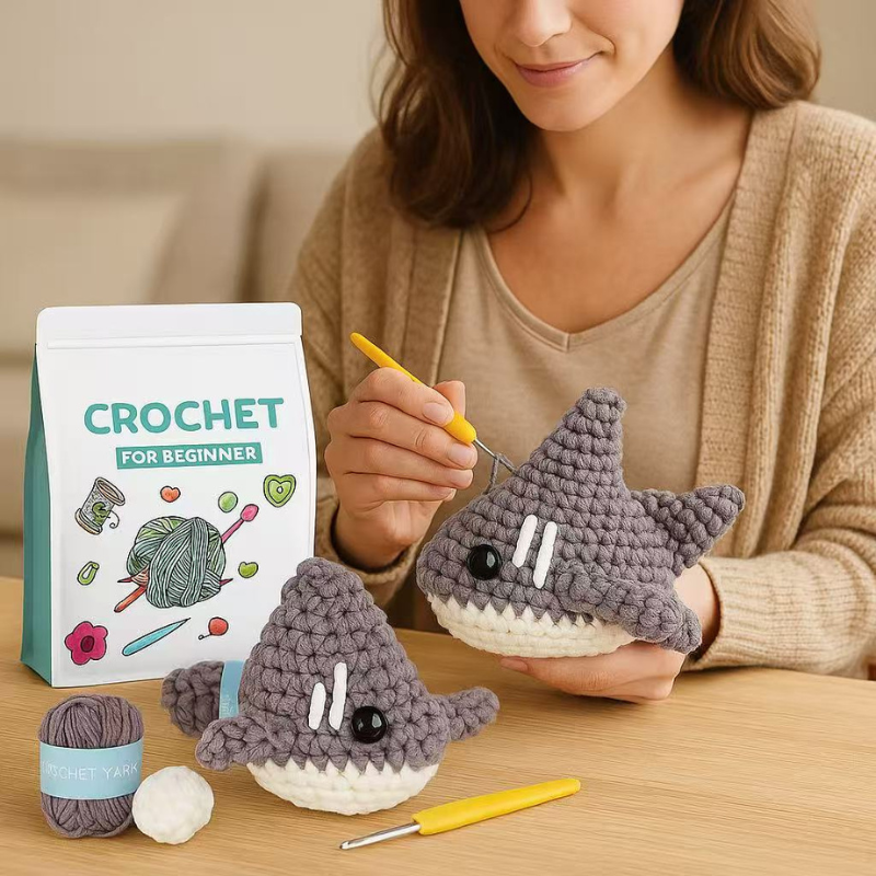 DIY Crochet Shark Kit for Beginners – Complete Amigurumi Crochet Set with Yarn, Hooks & English Instructions | Cute Handmade Plush Animal Craft Kit