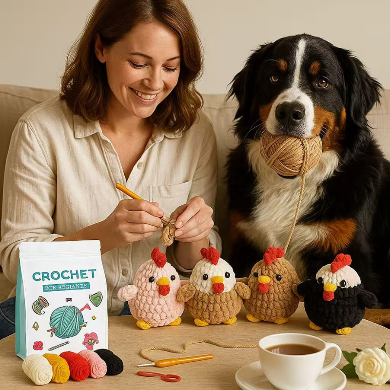 DIY Crochet Chicken Kit for Beginners – Complete Amigurumi Crochet Starter Set with Soft Ice-Cotton Yarn, Hooks & English Tutorial | Cute Handmade Animal Plush Craft Kit