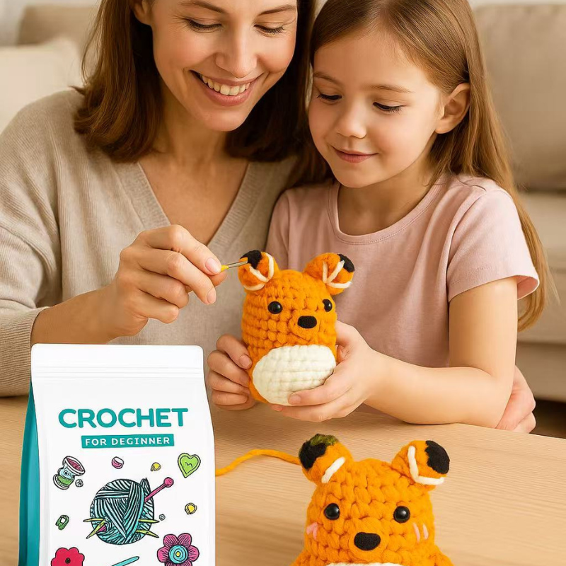 DIY Crochet Fox Kit for Beginners – Cute Handmade Knitting Animal Plush Craft Set with Yarn and Tools