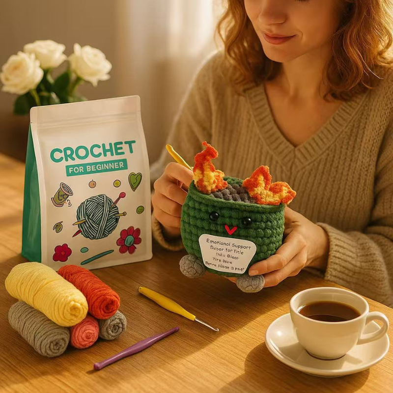 DIY Crochet Fire Extinguisher Kit with Emotion Card – Complete Amigurumi Crochet Set for Beginners with Yarn, Hooks & English Instructions | Unique Handmade Plush Craft Gift