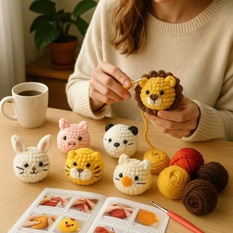 DIY Crochet Animal Keychain Kit for Beginners – Complete Amigurumi Crochet Starter Set with Yarn, Hooks & English Tutorial | Cute Handmade Plush Craft Kit