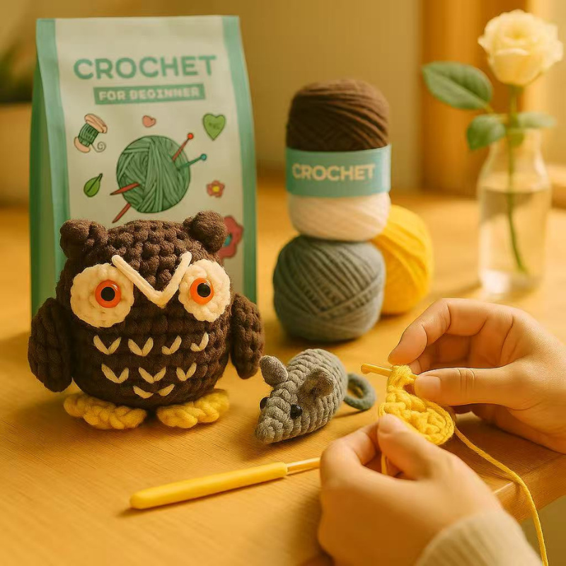 DIY Crochet Owl Kit for Beginners – Complete Crochet Animal Craft Set with Yarn, Tools & English Instructions | Handmade Amigurumi Plush Toy Gift