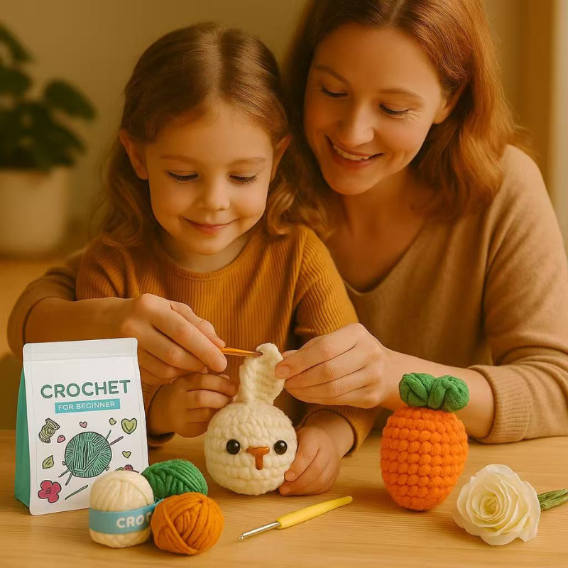 DIY Crochet Bunny & Carrot Kit for Beginners – Complete Amigurumi Crochet Set with Yarn, Hooks & English Instructions | Cute Handmade Animal Plush Craft Kit