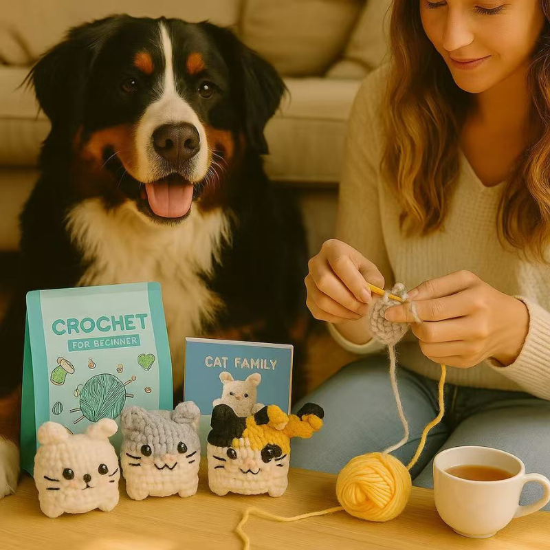 DIY Crochet Cat Kit for Beginners – Complete Crochet Starter Set with Ice-Cotton Yarn, Hooks & English Instructions | Cute Handmade Amigurumi Plush Craft Kit