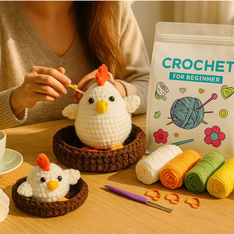 DIY Crochet Chicken Kit for Beginners – Cute Handmade Amigurumi Plush Toy with Yarn & Tools, Relaxing Craft Set Gift Idea
