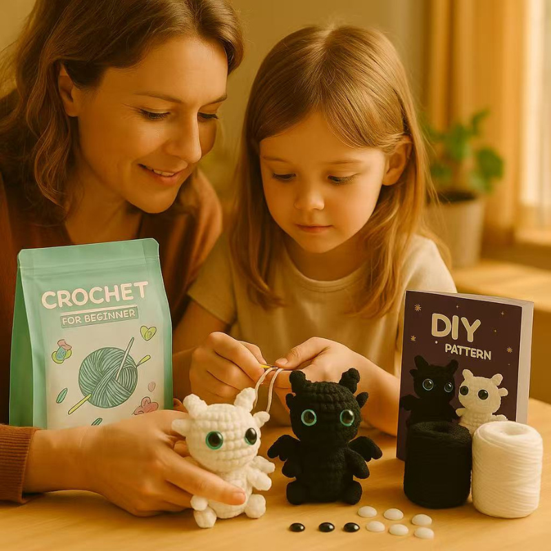 DIY Crochet Toothless Dragon Kit – Black & White Cotton Yarn Crochet Set for Beginners, Handmade Amigurumi Plush Craft Kit