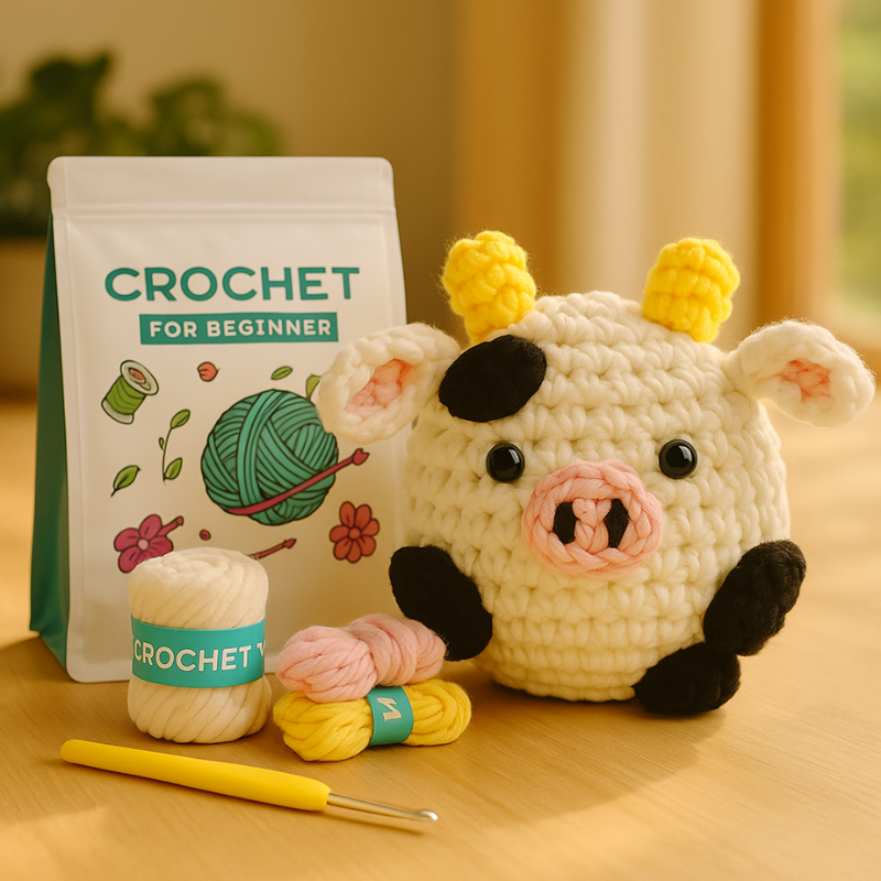 DIY Crochet Cow Kit for Beginners – Cute Amigurumi Animal Crochet Set with Yarn, Hooks & English Instructions | Handmade Plush Keychain Craft Kit