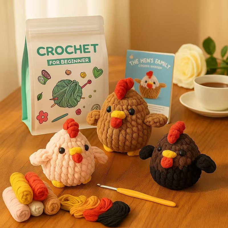 DIY Crochet Chicken Kit for Beginners – Complete Amigurumi Crochet Starter Set with Soft Ice-Cotton Yarn, Hooks & English Tutorial | Cute Handmade Animal Plush Craft Kit