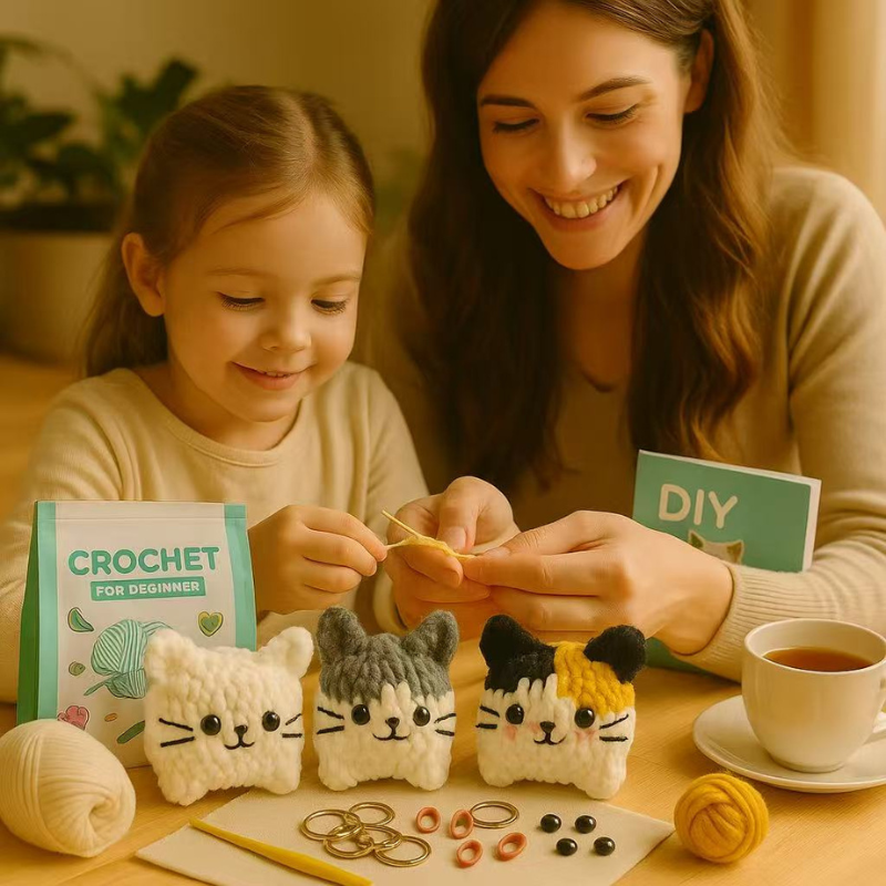 DIY Crochet Cat Kit for Beginners – Complete Crochet Starter Set with Ice-Cotton Yarn, Hooks & English Instructions | Cute Handmade Amigurumi Plush Craft Kit