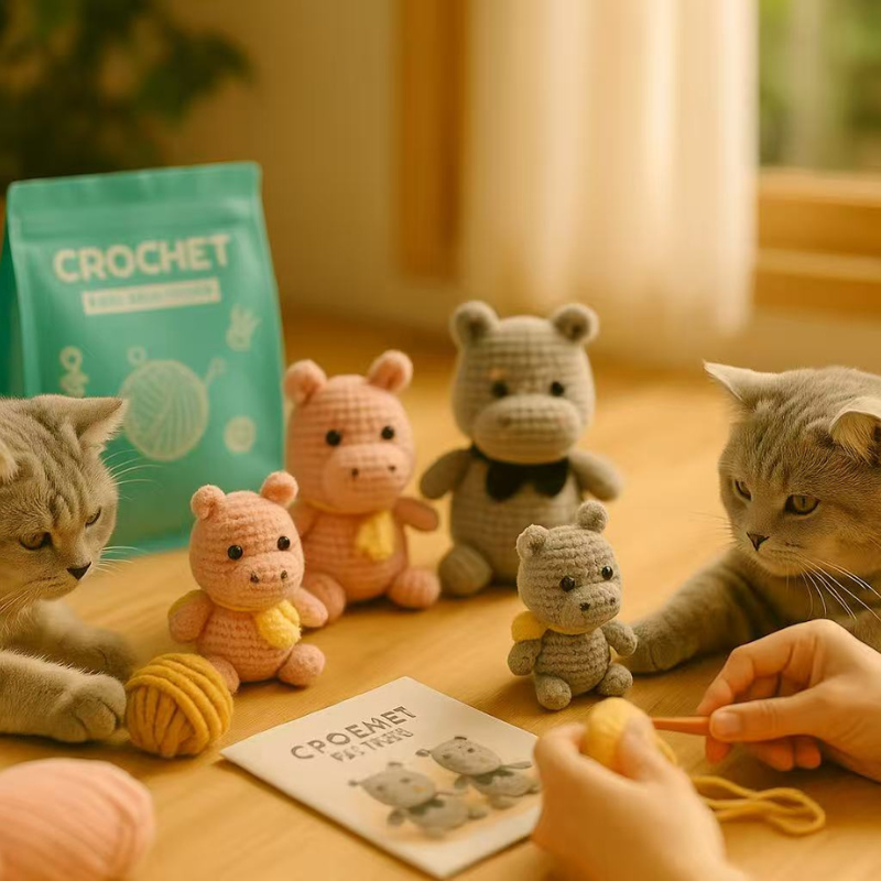 DIY Crochet Hippo Family Kit for Beginners – Complete Amigurumi Crochet Set with Yarn, Hooks & English Instructions | Handmade Animal Plush Craft Kit