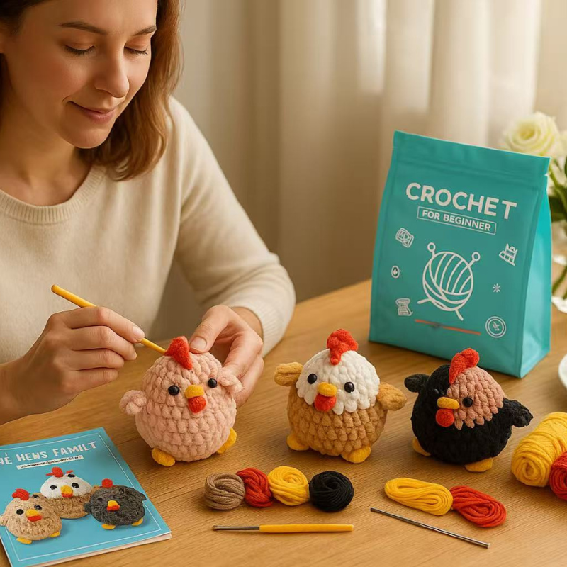 DIY Crochet Chicken Kit for Beginners – Complete Amigurumi Crochet Starter Set with Soft Ice-Cotton Yarn, Hooks & English Tutorial | Cute Handmade Animal Plush Craft Kit