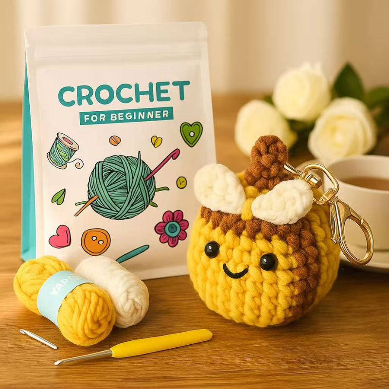 DIY Crochet Bee Kit for Beginners – Complete Amigurumi Crochet Set with Yarn, Hooks & English Tutorial | Cute Handmade Plush Keychain Craft Kit