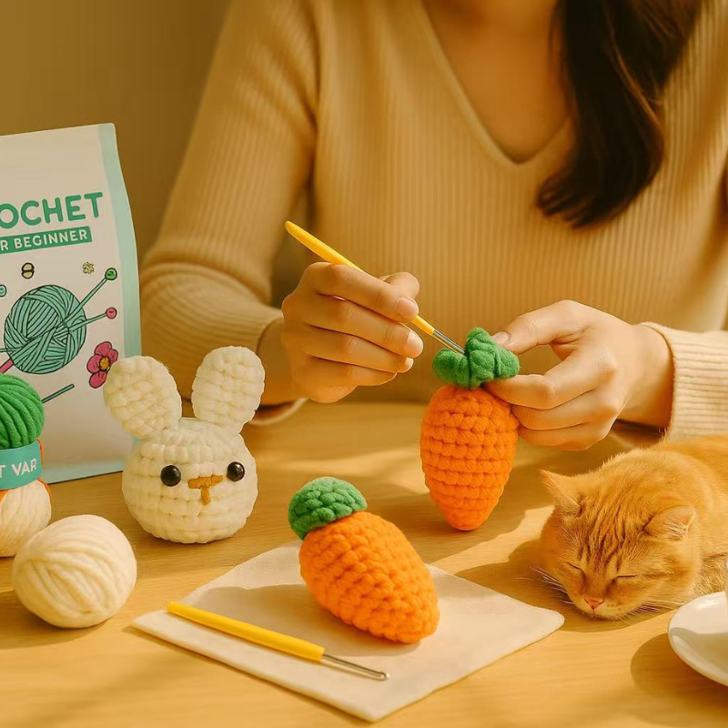 DIY Crochet Bunny & Carrot Kit for Beginners – Complete Amigurumi Crochet Set with Yarn, Hooks & English Instructions | Cute Handmade Animal Plush Craft Kit