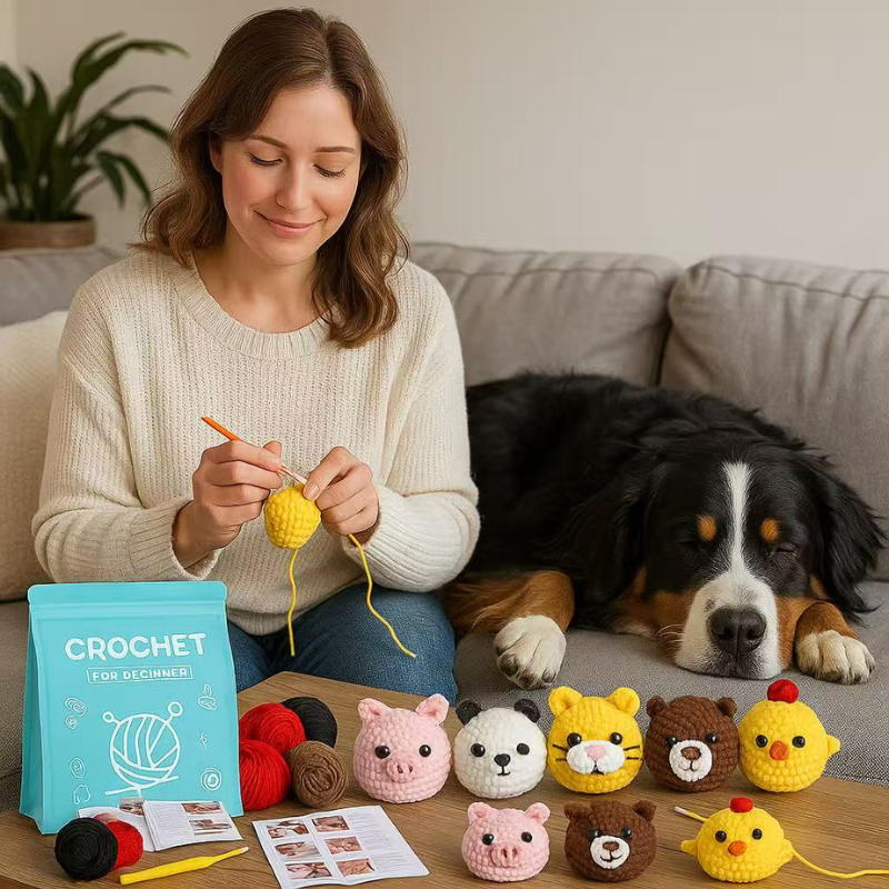 DIY Crochet Animal Keychain Kit for Beginners – Complete Amigurumi Crochet Starter Set with Yarn, Hooks & English Tutorial | Cute Handmade Plush Craft Kit
