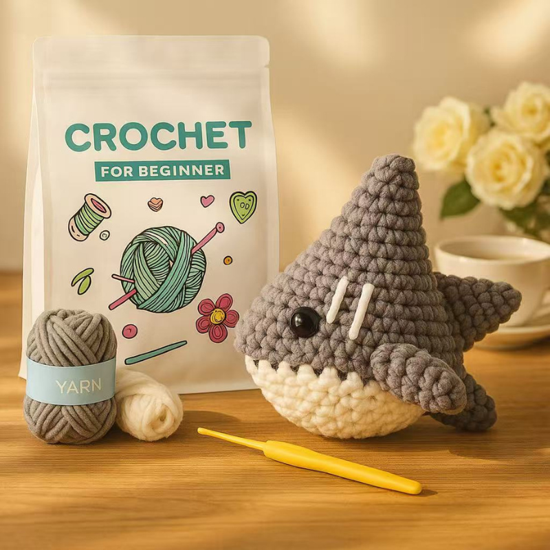 DIY Crochet Shark Kit for Beginners – Complete Amigurumi Crochet Set with Yarn, Hooks & English Instructions | Cute Handmade Plush Animal Craft Kit