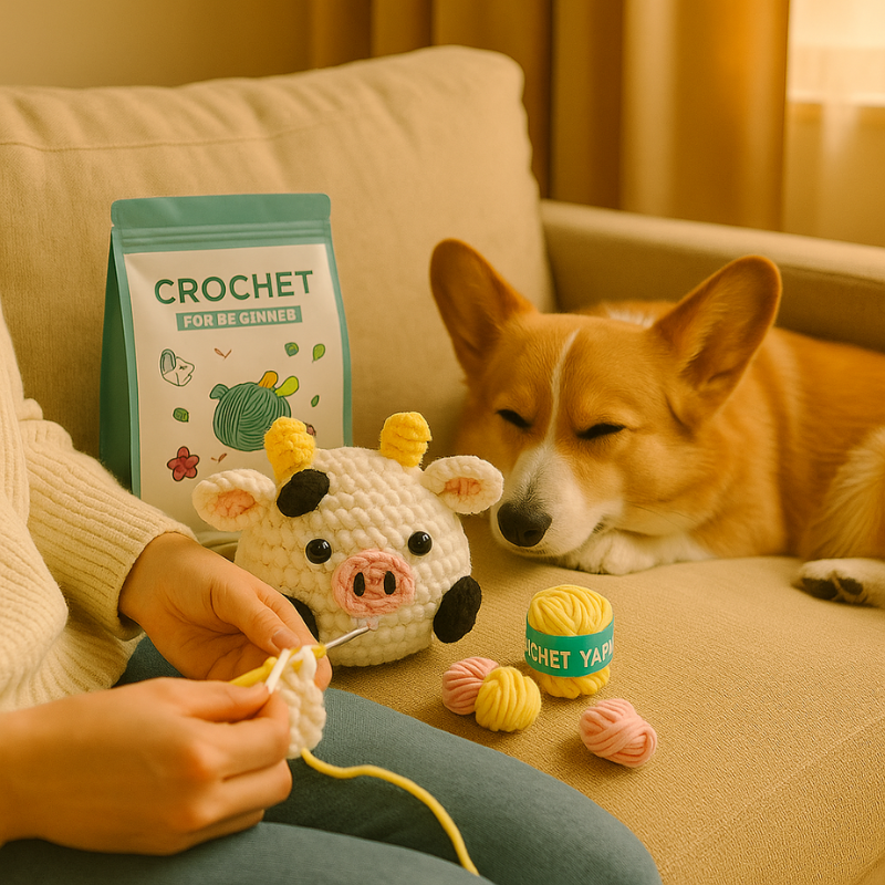 DIY Crochet Cow Kit for Beginners – Cute Amigurumi Animal Crochet Set with Yarn, Hooks & English Instructions | Handmade Plush Keychain Craft Kit