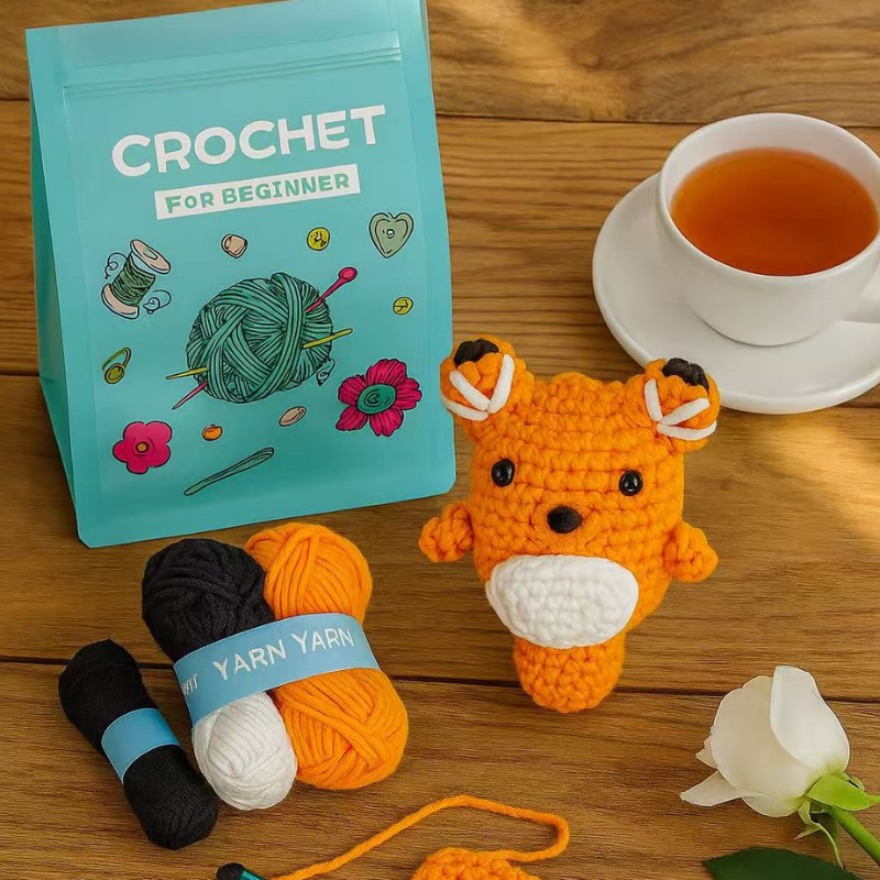 DIY Crochet Fox Kit for Beginners – Cute Handmade Knitting Animal Plush Craft Set with Yarn and Tools