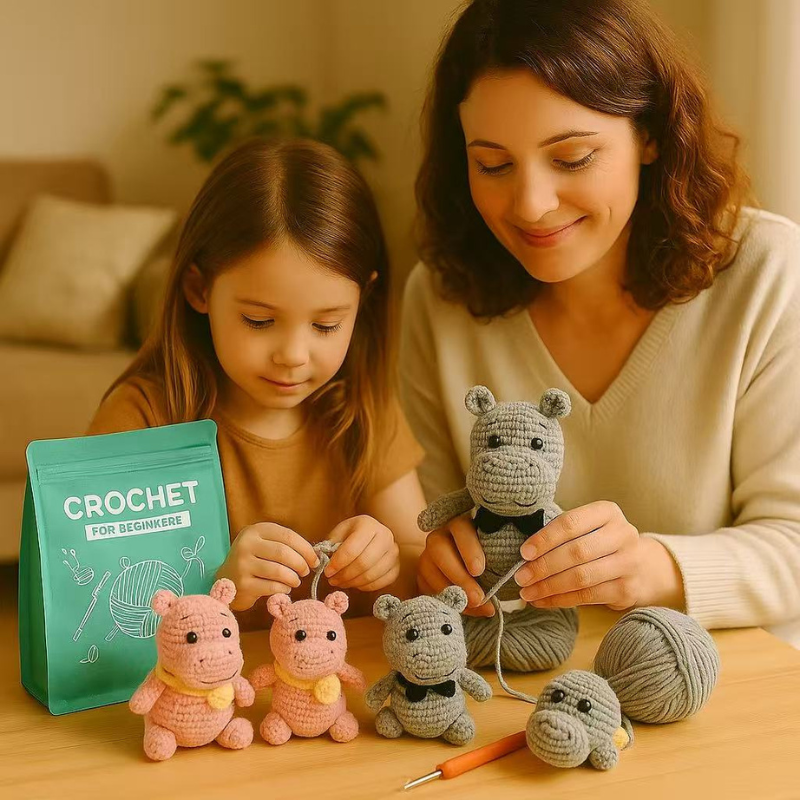 DIY Crochet Hippo Family Kit for Beginners – Complete Amigurumi Crochet Set with Yarn, Hooks & English Instructions | Handmade Animal Plush Craft Kit