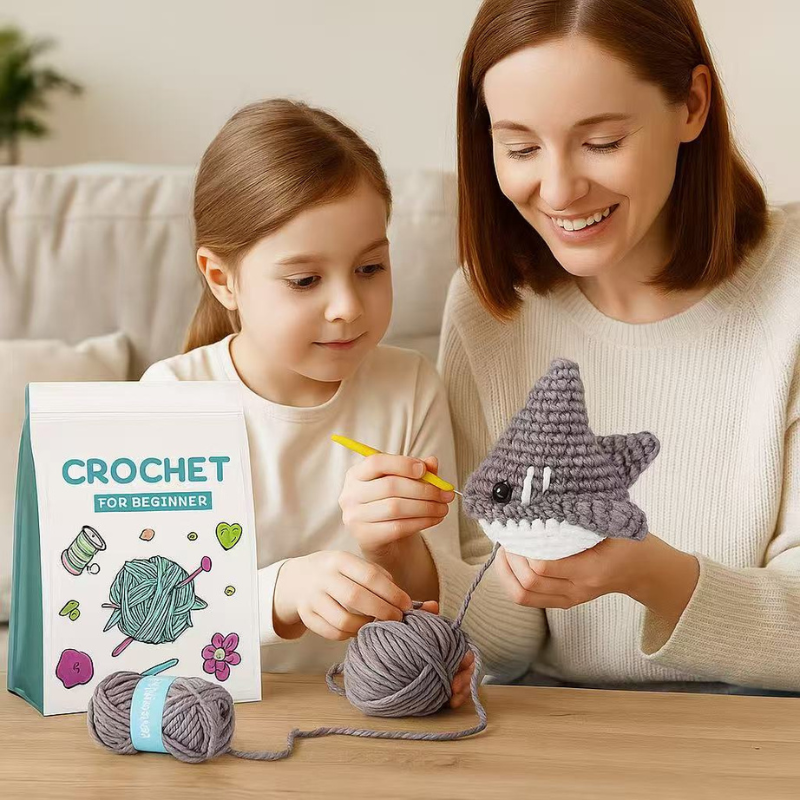 DIY Crochet Shark Kit for Beginners – Complete Amigurumi Crochet Set with Yarn, Hooks & English Instructions | Cute Handmade Plush Animal Craft Kit