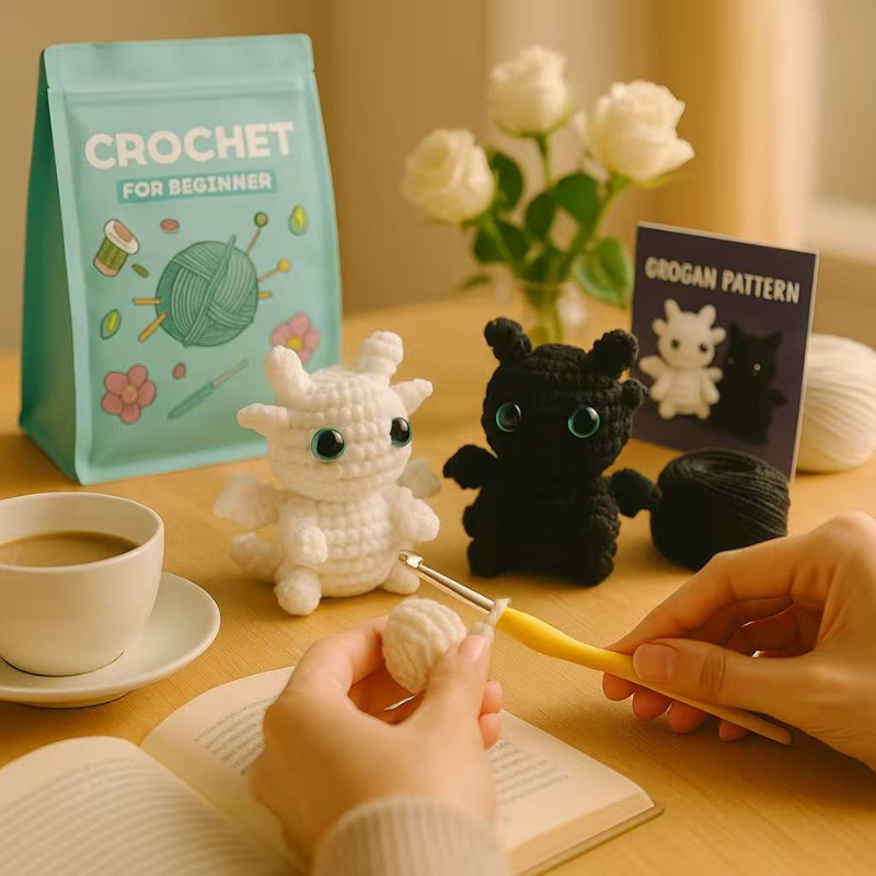 DIY Crochet Toothless Dragon Kit – Black & White Cotton Yarn Crochet Set for Beginners, Handmade Amigurumi Plush Craft Kit