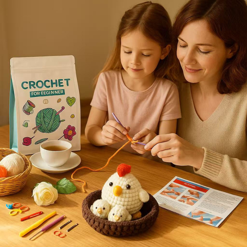 DIY Crochet Chicken Kit for Beginners – Cute Handmade Amigurumi Plush Toy with Yarn & Tools, Relaxing Craft Set Gift Idea