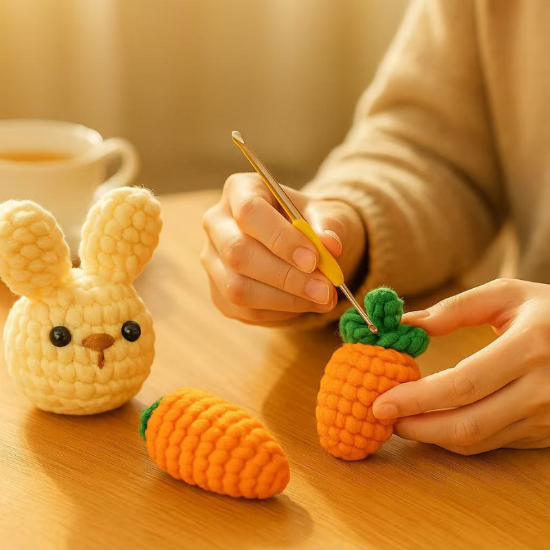 DIY Crochet Bunny & Carrot Kit for Beginners – Complete Amigurumi Crochet Set with Yarn, Hooks & English Instructions | Cute Handmade Animal Plush Craft Kit