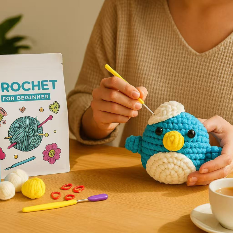 DIY Crochet Penguin Kit for Beginners – Complete Amigurumi Crochet Set with Thick Yarn, Hooks & English Instructions | Cute Handmade Plush Animal Craft Kit