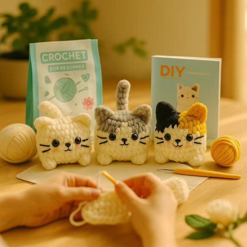 DIY Crochet Cat Kit for Beginners – Complete Crochet Starter Set with Ice-Cotton Yarn, Hooks & English Instructions | Cute Handmade Amigurumi Plush Craft Kit