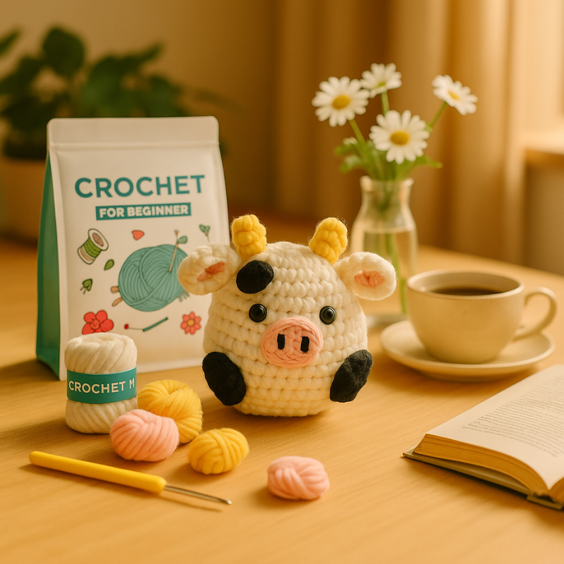 DIY Crochet Cow Kit for Beginners – Cute Amigurumi Animal Crochet Set with Yarn, Hooks & English Instructions | Handmade Plush Keychain Craft Kit