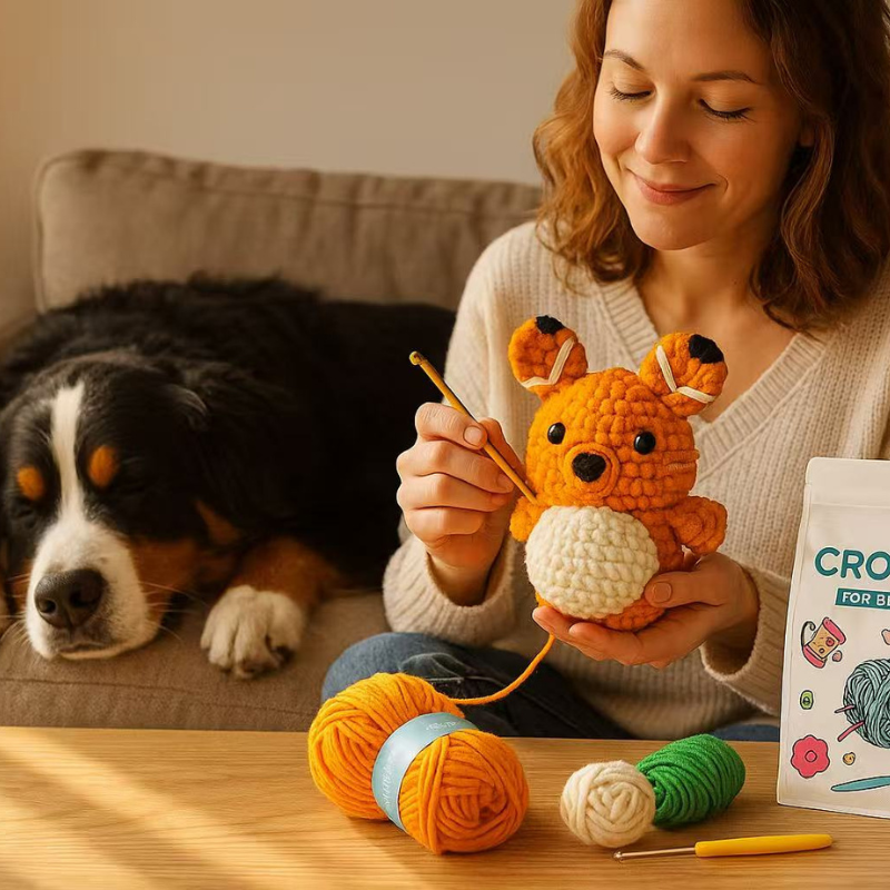 DIY Crochet Fox Kit for Beginners – Cute Handmade Knitting Animal Plush Craft Set with Yarn and Tools
