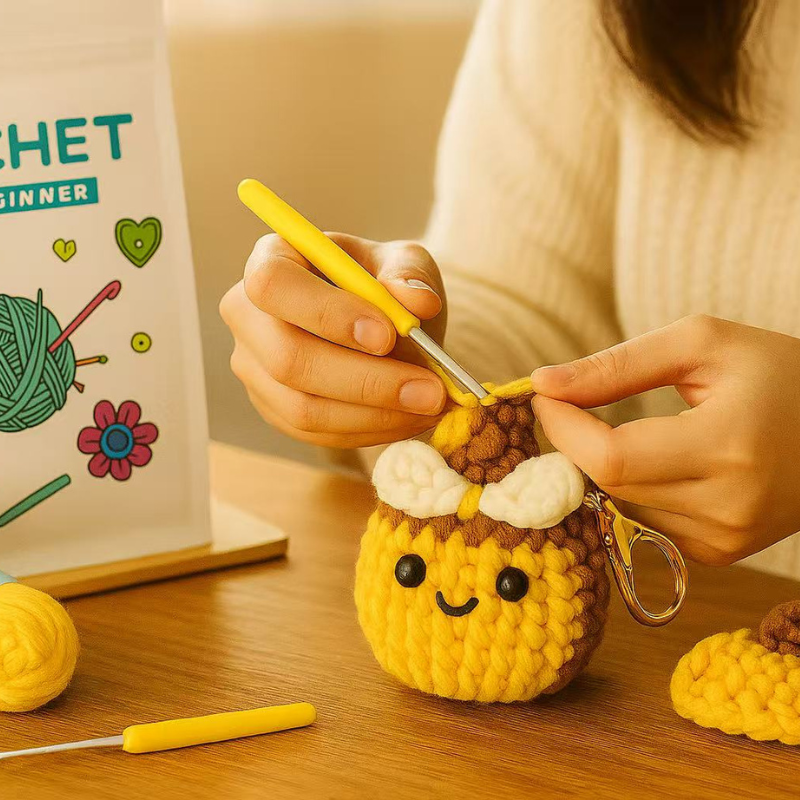 DIY Crochet Bee Kit for Beginners – Complete Amigurumi Crochet Set with Yarn, Hooks & English Tutorial | Cute Handmade Plush Keychain Craft Kit